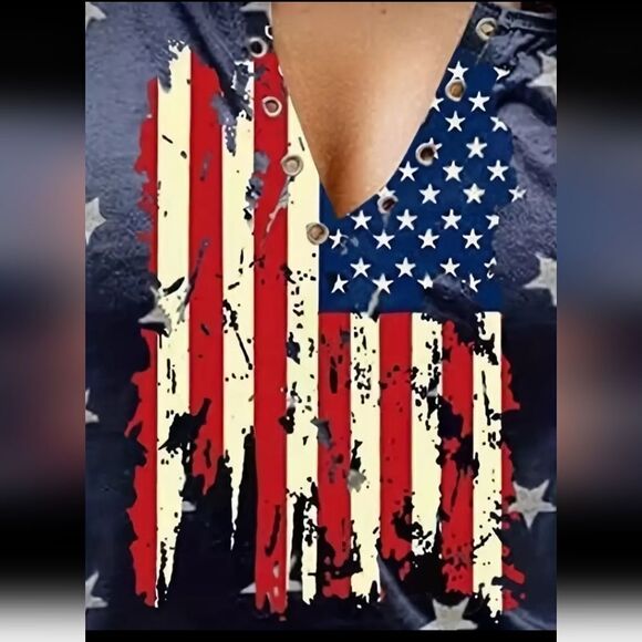 American Flag Print top, Vintage Button Front Sleeveless Independence Day - Picture 2 of 3